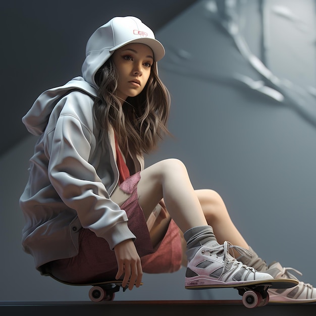 Menina renderizada em 3D em um skate desfrutando de patinação