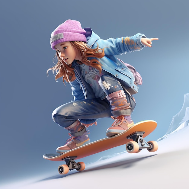 Menina renderizada em 3D em um skate desfrutando de patinação