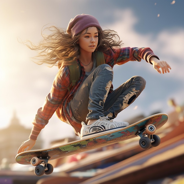 Menina renderizada em 3D em um skate desfrutando de patinação