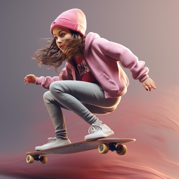 Foto menina renderizada em 3d em um skate desfrutando de patinação