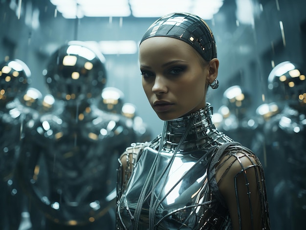 Foto menina robô em um terno de ilusão contra uma bola de espelho giratória
