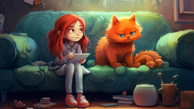 menina ruiva brincando com um gato