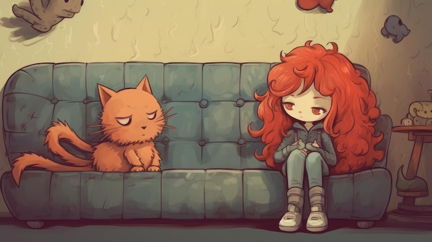 menina ruiva brincando com um gato