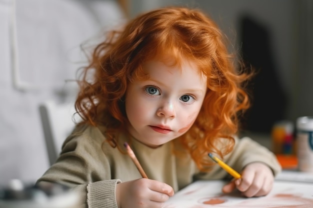 Menina ruiva de 4 anos pintando com as mãos Ilustração generativa de IA