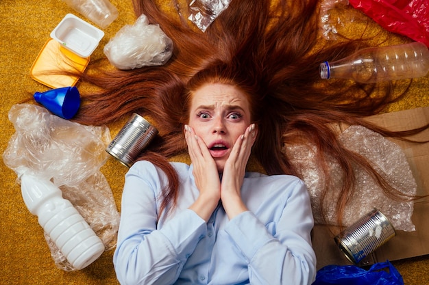 Menina ruiva infeliz classificando resíduos: garrafa, papel e plástico deitado no tapete do chão e chorando.