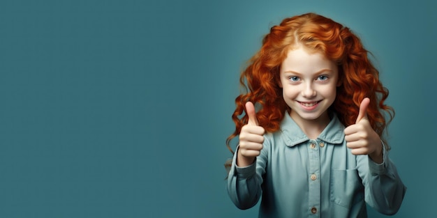 Foto menina ruiva mostra o polegar para cima sinal de boa sorte foto de alta qualidade