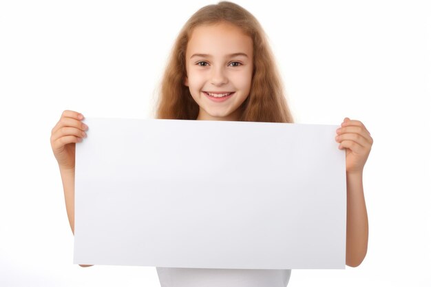 Menina Scholl feliz segurando um cartaz branco em branco retrato de estúdio isolado