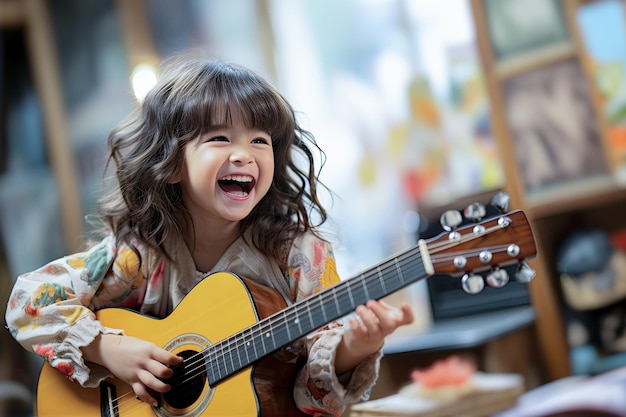 menina se divertindo tocando violão na sala de estar