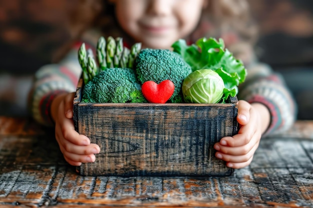 Menina segura em suas mãos legumes verdes naturais frescos com um pequeno coração vermelho em uma caixa de madeira