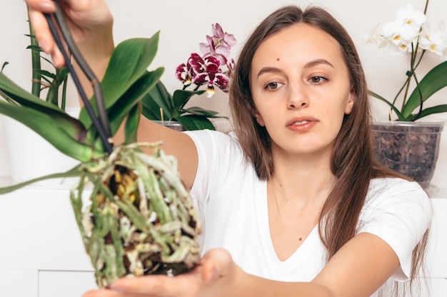 Menina segurando a raiz da flor da orquídea