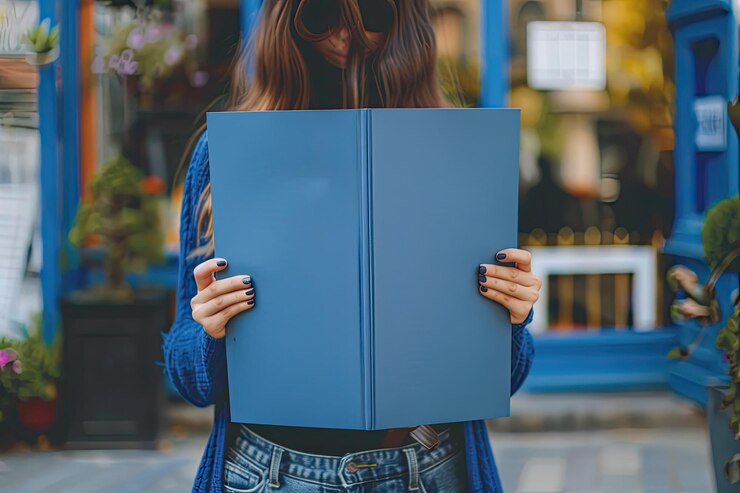 Foto menina segurando e lendo uma pasta azul