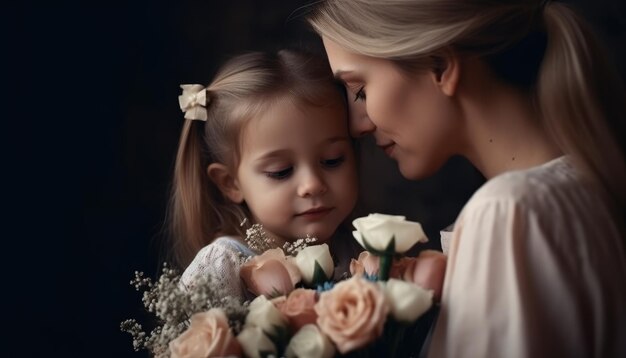 Menina segurando flores abraçando sua mãe e comemorando o dia das mães Generative AI