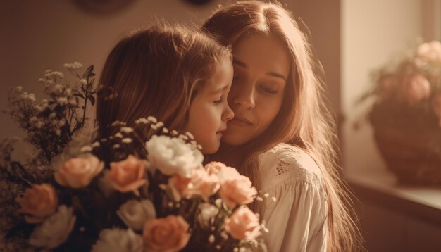 Menina segurando flores abraçando sua mãe e comemorando o dia das mães Generative AI