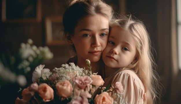 Menina segurando flores abraçando sua mãe e comemorando o dia das mães Generative AI