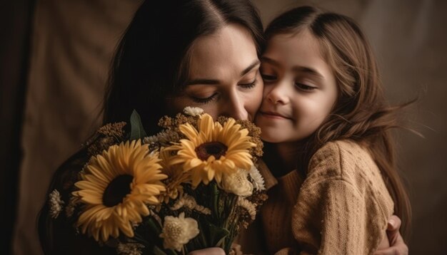 Menina segurando flores abraçando sua mãe e comemorando o dia das mães Generative AI