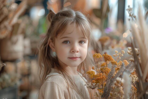 Menina segurando um feixe de flores