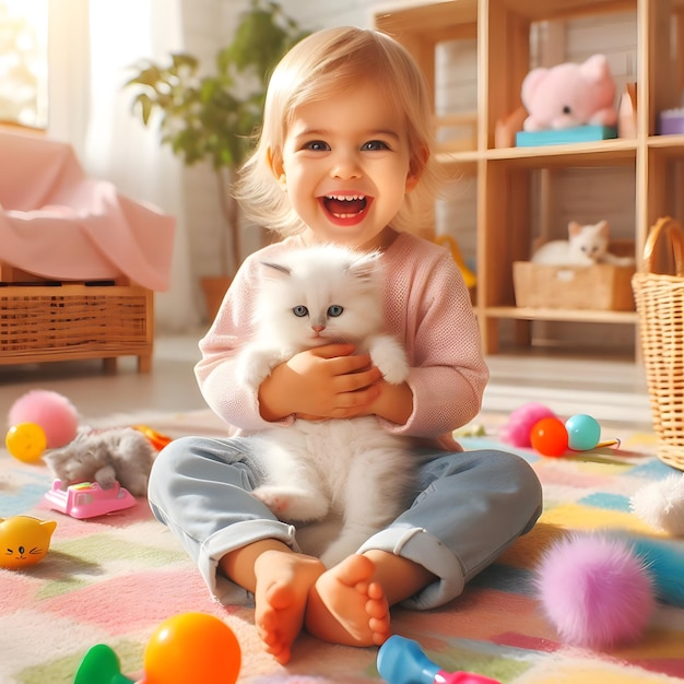 Foto menina segurando um gatinho em seus braços criança com um gatinha animais de estimação