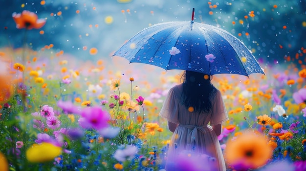 menina segurando um guarda-chuva em flores IA generativa