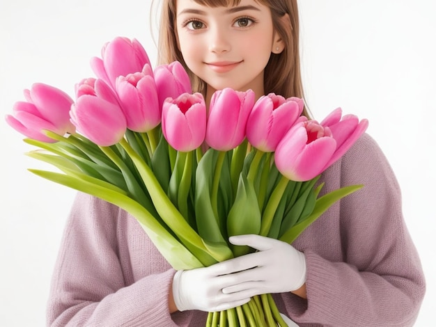 Menina segurando um lindo buquê de tulipas cor de rosa