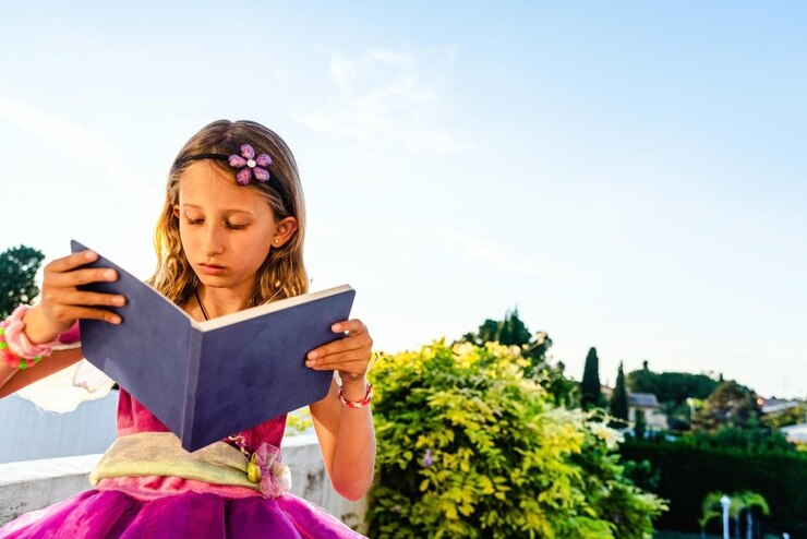 Foto menina segurando um livro contra o céu