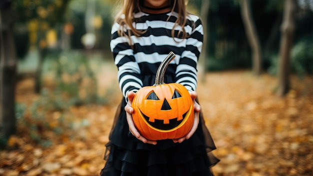 Menina segurando uma abóbora de Halloween foto em close de Jack o lanterna foto para convite de festa