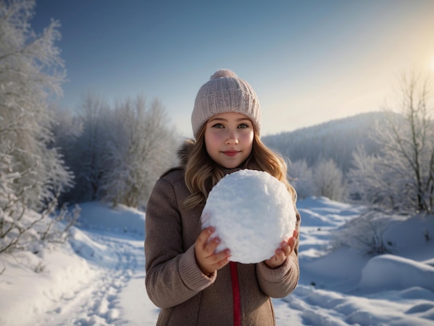 Menina segurando uma bola de neve em uma paisagem de inverno