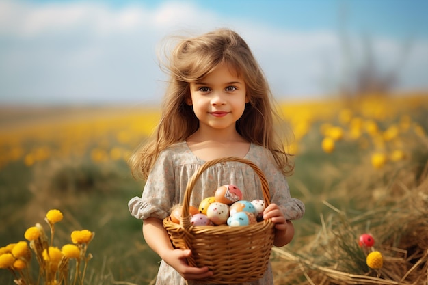 Menina segurando uma cesta com ovos de Páscoa ao ar livre em um dia de primavera por generativo Ai