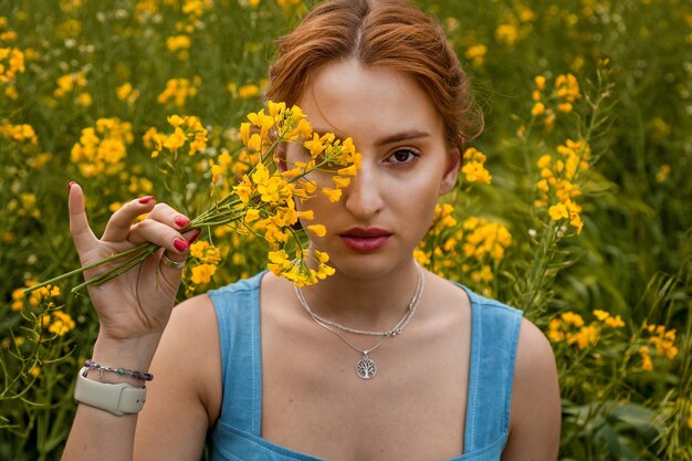 Menina segurando uma flor de colza amarela no campo