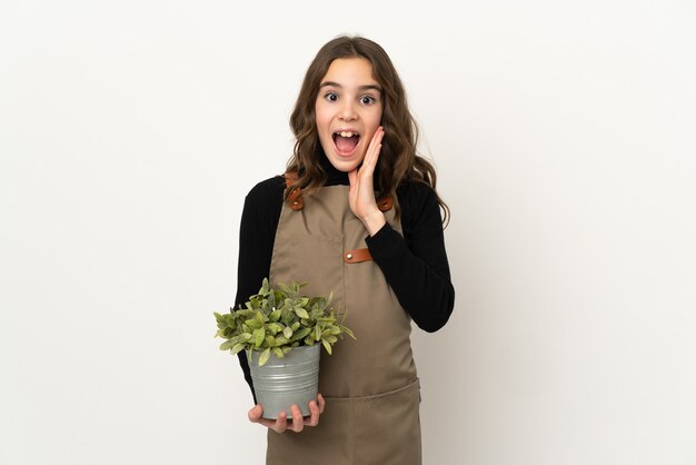 Menina segurando uma planta isolada na parede branca com expressão facial surpresa e chocada