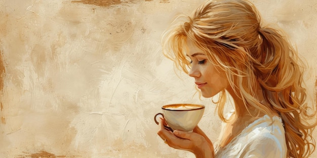 Menina segurando uma xícara de café ilustração de fundo de pintura