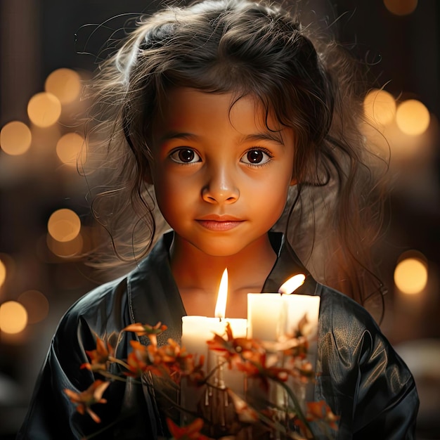 Menina segurando velas em uma atmosfera serena