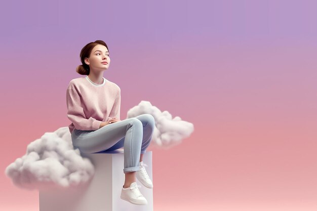 Menina senta-se em uma nuvem com fundo rosa