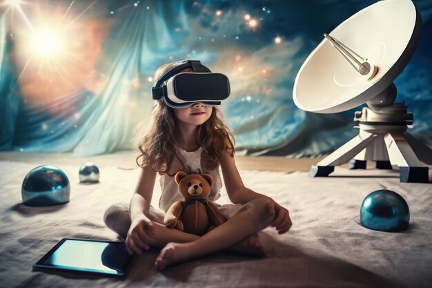 Menina senta-se no chão na sala usando fone de ouvido de realidade virtual VR Novas tecnologias na educação