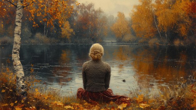menina sentada em uma bétula ao lado do lago