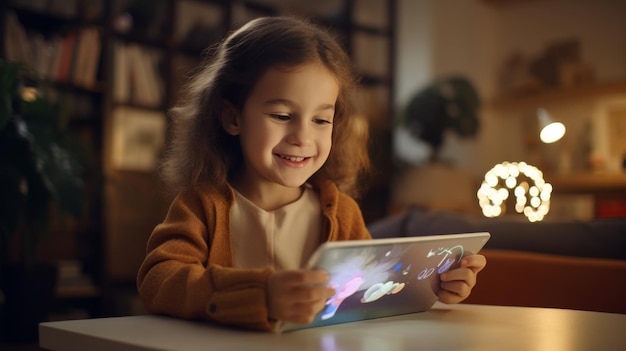 Foto menina sentada em uma mesa olhando para um tablet