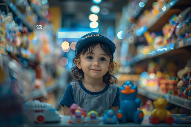 Menina sentada na loja de brinquedos