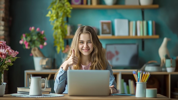 Menina sentada na mesa com um laptop no colo mostrando o polegar para cima academia verde