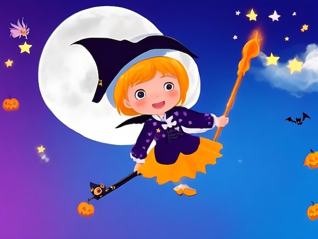 Menina sentada no bastão mágico e voando no fundo do céu Halloween
