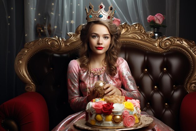 Foto menina sentada no sofá com um chapéu de aniversário colorido e segurando um bolo