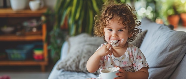 Menina sentada no sofá comendo comida