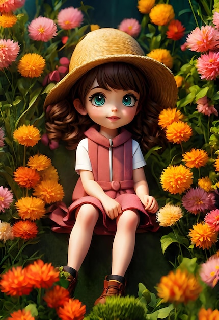 menina sentar-se no jardim de flores ilustração 3D ai gerado