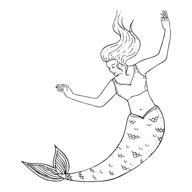 Menina sereia preta e branca ilustração vetorial de tinta desenhada à mão mulheres sereia personagem do mês