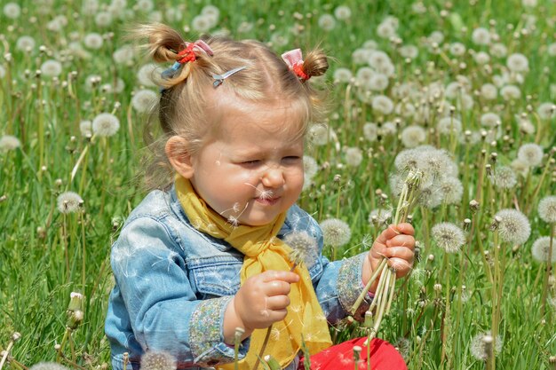 Menina soprando dente de leão ao ar livre em campo de primavera