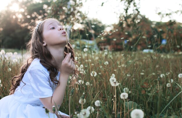 Menina soprando sementes de um dente-de-leão de flores na tarde de outono