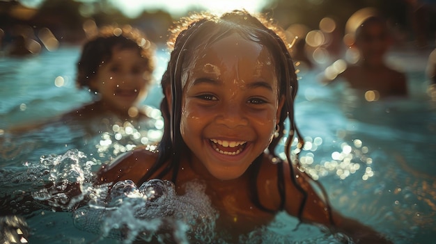 Menina sorri enquanto nada na piscina