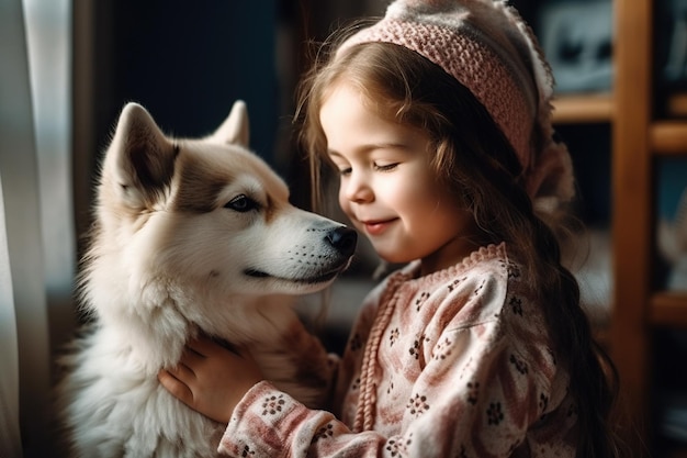 Foto menina sorridente abraça cão em casa