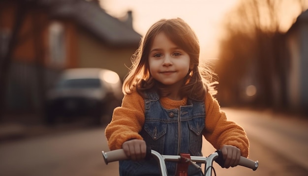 Menina sorridente andando de bicicleta na natureza ao pôr do sol gerado por IA