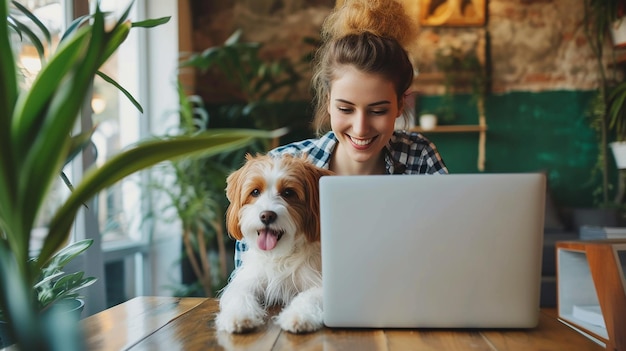 Menina sorridente com cachorro usando laptop e bebendo café