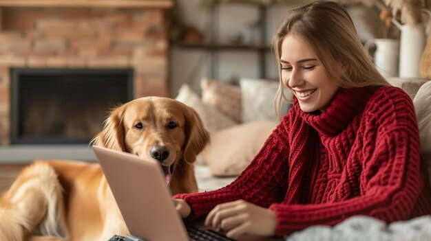 Menina sorridente com cachorro usando laptop e bebendo café