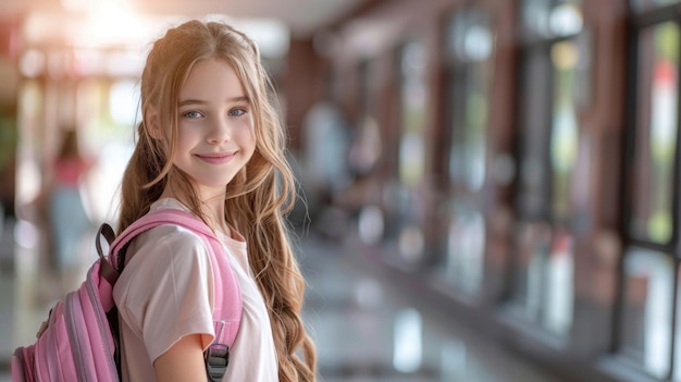 Foto menina sorridente com mochila rosa